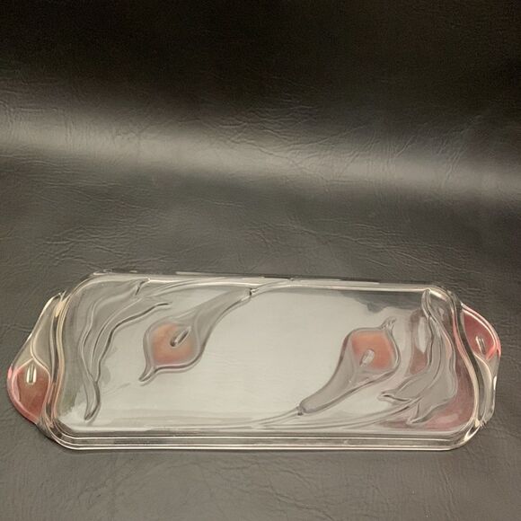 Serving Tray Glass Pink Clear Raised Tulip Embossed Bottom Appetizer Vanity - Picture 7 of 8